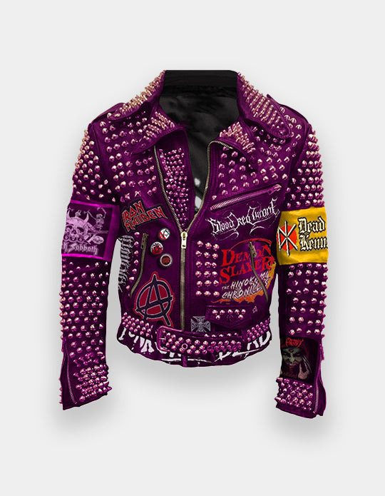 Violet Gothic Steampunk Fashion, Men's Dead Kennedy Punk Rock Jacket, Iron Maiden Studs Patches, Handmade Bomber Club Wear, Leather Jacket